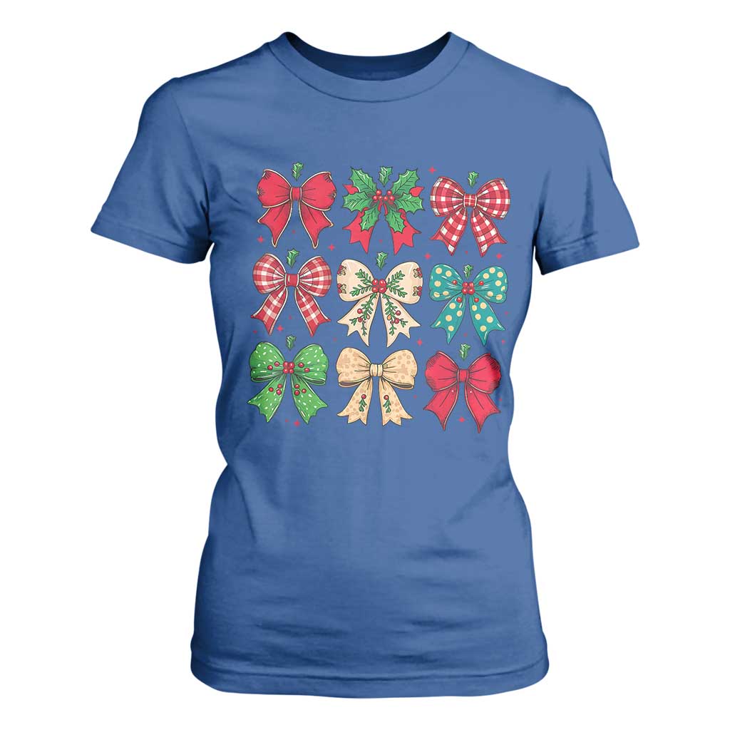 Merry Christmas Coquette Bow T Shirt For Women Festive Xmas Vibe TS02 Royal Blue Print Your Wear