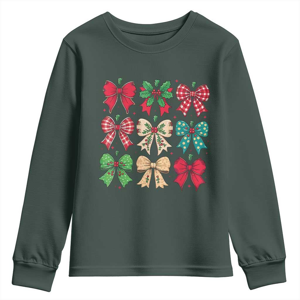 Merry Christmas Coquette Bow Youth Sweatshirt Festive Xmas Vibe TS02 Dark Forest Green Print Your Wear