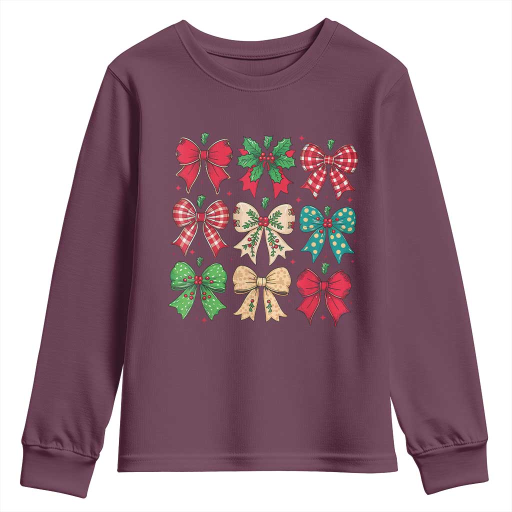 Merry Christmas Coquette Bow Youth Sweatshirt Festive Xmas Vibe TS02 Maroon Print Your Wear