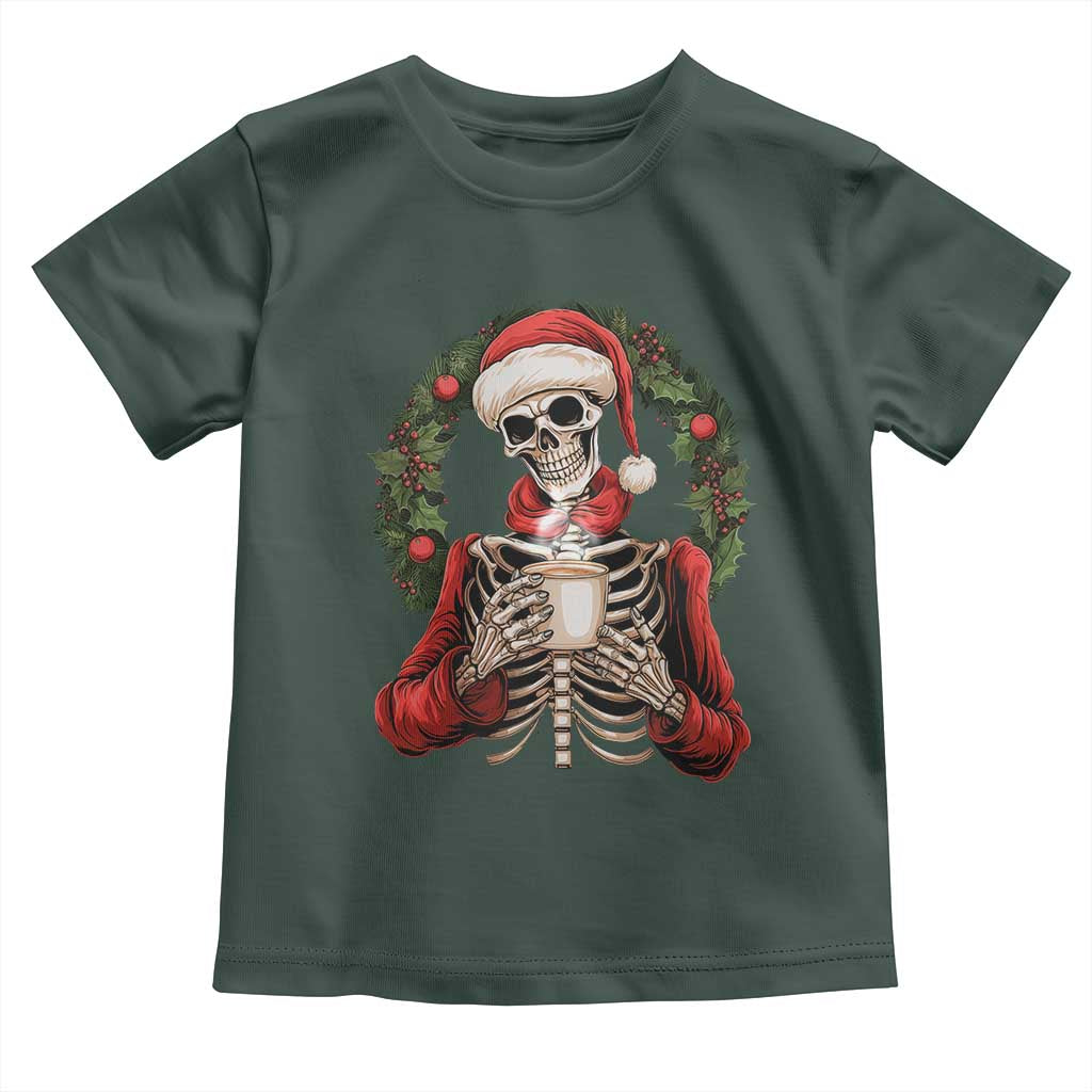 Skeleton Christmas Toddler T Shirt Dead Inside But Caffeinated Coffee Lover Xmas Vibe TS02 Dark Forest Green Print Your Wear