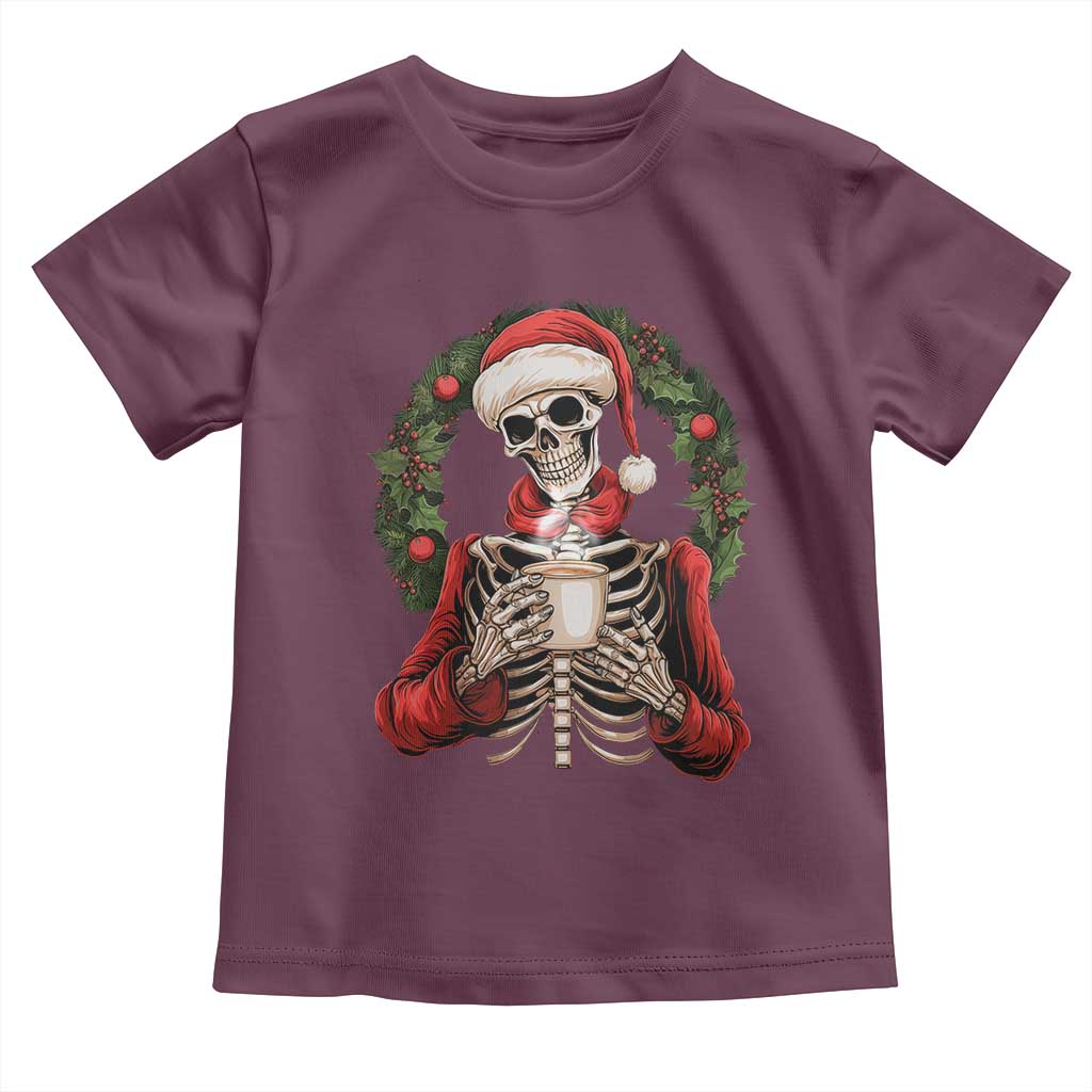 Skeleton Christmas Toddler T Shirt Dead Inside But Caffeinated Coffee Lover Xmas Vibe TS02 Maroon Print Your Wear