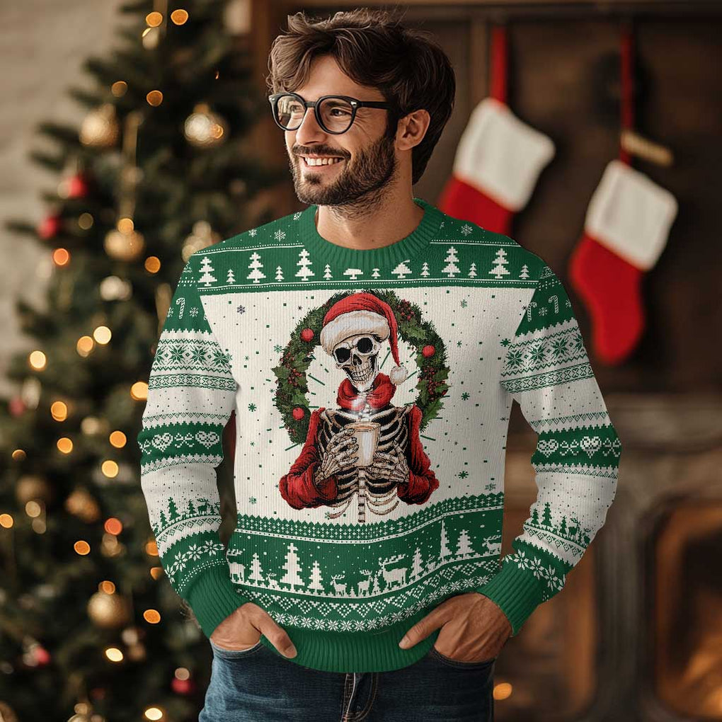 Skeleton Christmas Ugly Christmas Sweater Dead Inside But Caffeinated Coffee Lover Xmas Vibe TS02 Green Print Your Wear