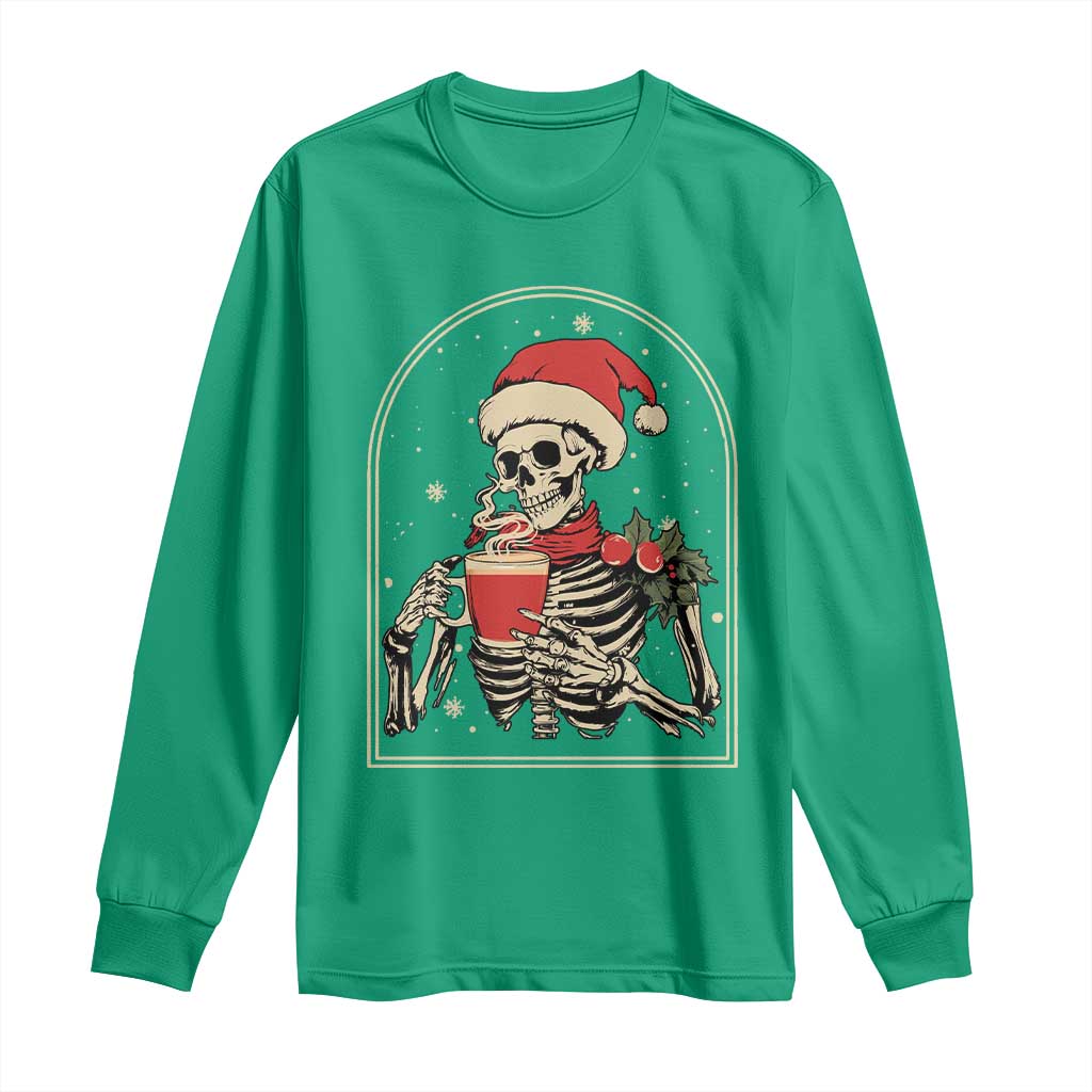 Skeleton Christmas Long Sleeve Shirt Dead Inside But Caffeinated Coffee Addict Xmas Vibe TS02 Irish Green Print Your Wear