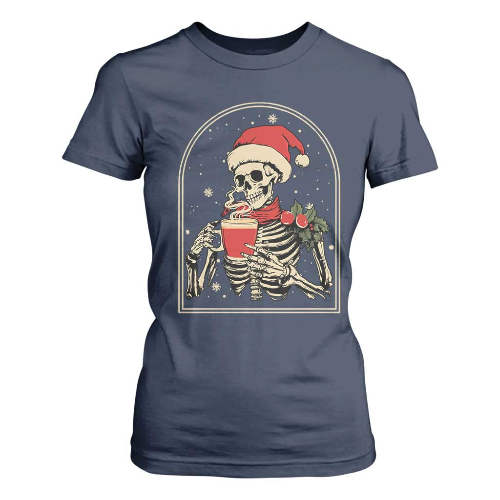 Skeleton Christmas T Shirt For Women Dead Inside But Caffeinated Coffee Addict Xmas Vibe TS02 Navy Print Your Wear
