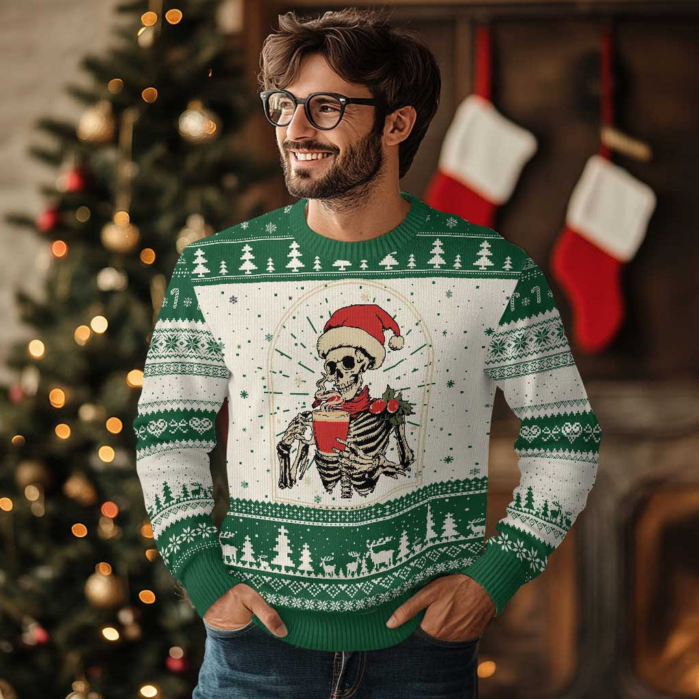 Skeleton Christmas Ugly Christmas Sweater Dead Inside But Caffeinated Coffee Addict Xmas Vibe TS02 Green Print Your Wear