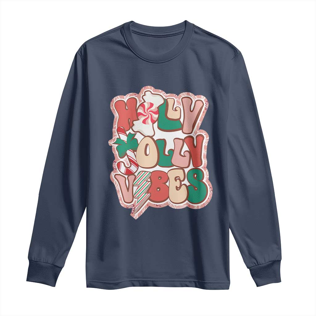 Groovy Christmas Long Sleeve Shirt Holly Jolly Vibes TS02 Navy Print Your Wear