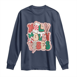 Groovy Christmas Long Sleeve Shirt Holly Jolly Vibes TS02 Navy Print Your Wear