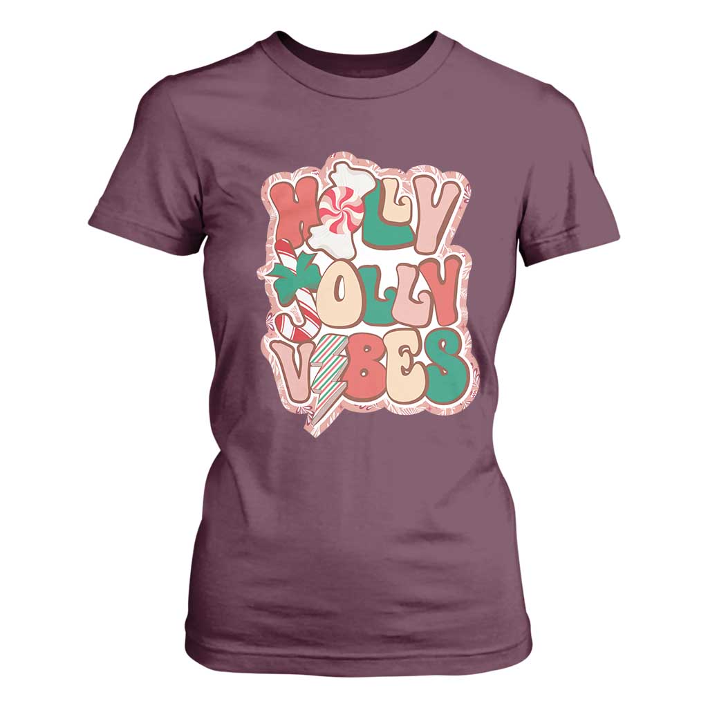 Groovy Christmas T Shirt For Women Holly Jolly Vibes TS02 Maroon Print Your Wear