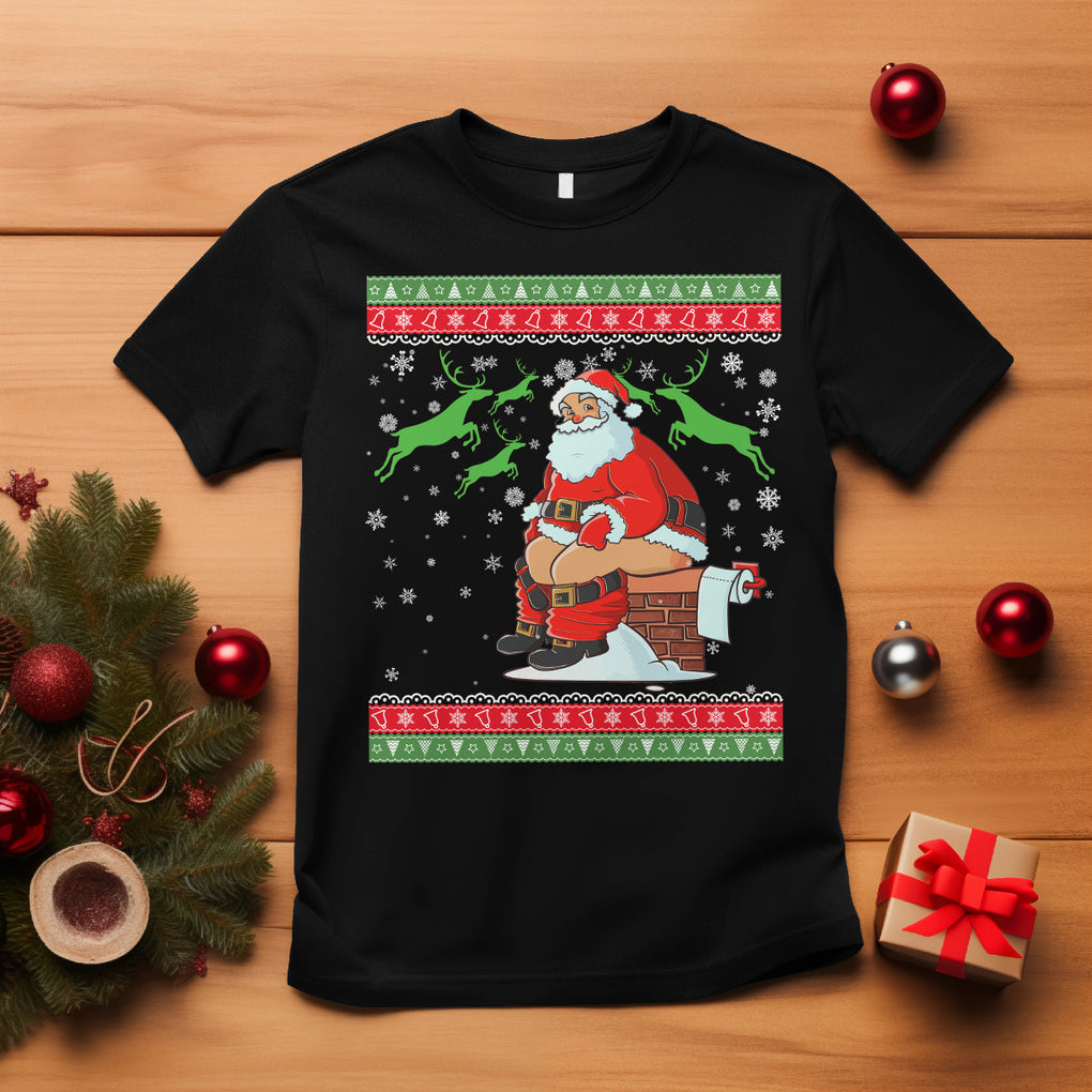 Funny Santa Claus T Shirt Pooping Down The Chimney Ugly Sweater Christmas TS02 Black Printyourwear