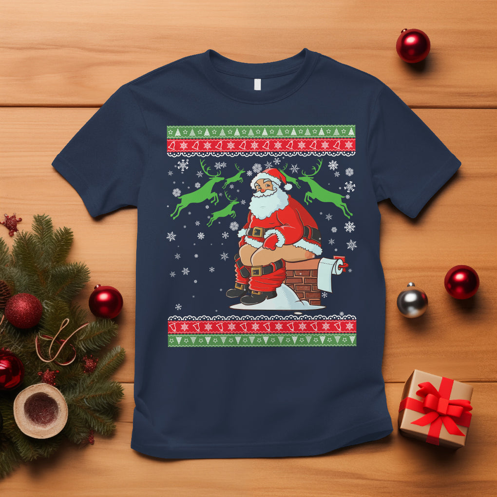 Funny Santa Claus T Shirt Pooping Down The Chimney Ugly Sweater Christmas TS02 Navy Printyourwear