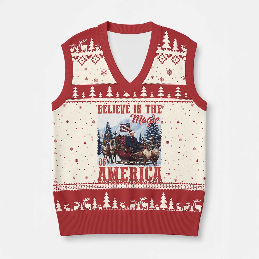 Xmas Trump V-Neck Knit Sweater Vest Believe In The Magic Of America Make Xmas Great Again US Flag TS02 Beige Red Print Your Wear