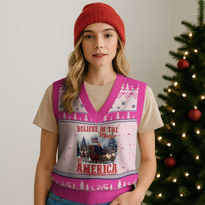Xmas Trump V-Neck Knit Sweater Vest Believe In The Magic Of America Make Xmas Great Again US Flag TS02 Hot Pink Print Your Wear