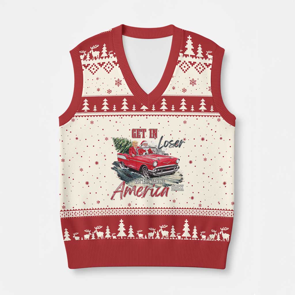 Xmas Trump V-Neck Knit Sweater Vest Get In Loser We Are Taking America Back with Santa TS02 Beige Red Print Your Wear