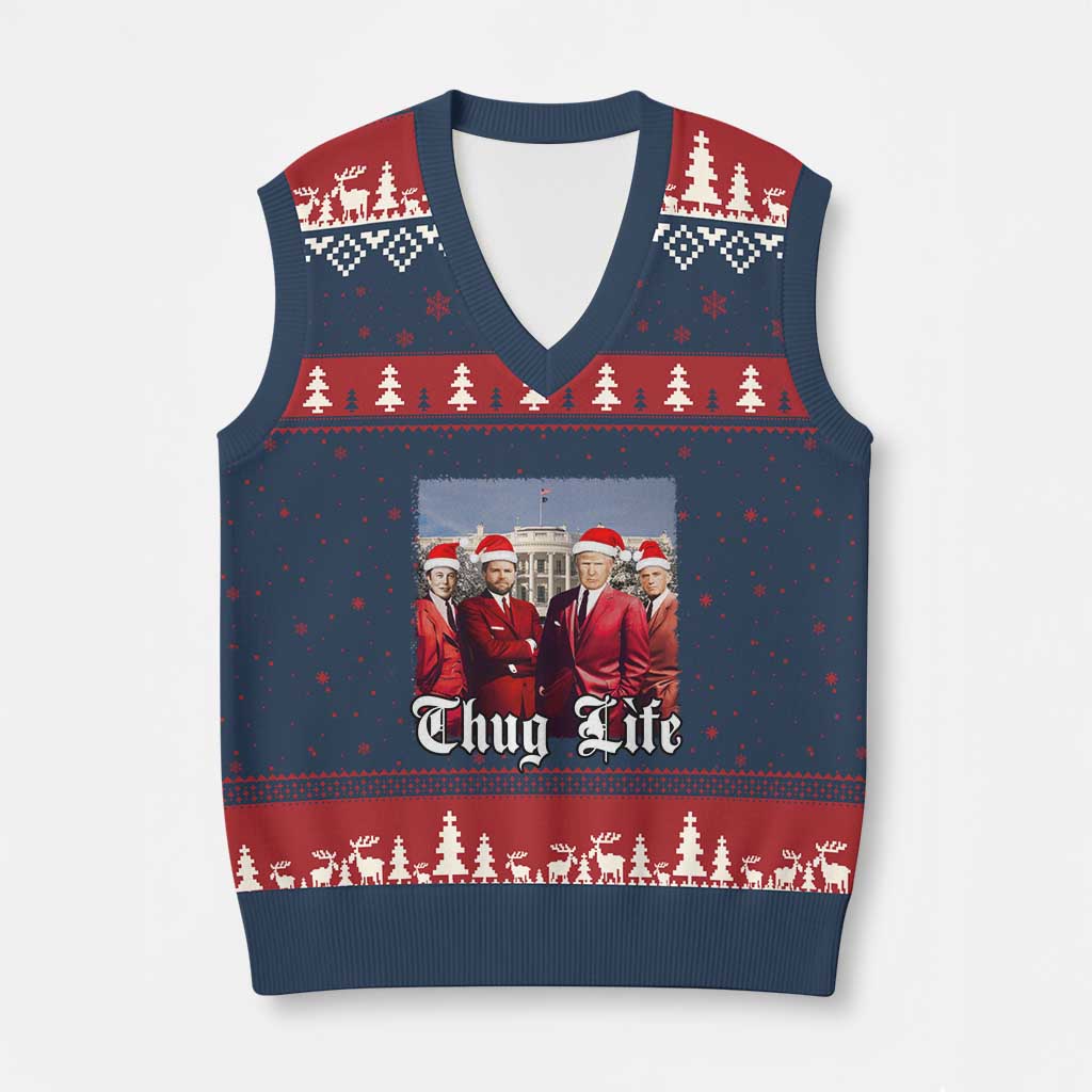 Xmas Trump V-Neck Knit Sweater Vest Thug Life Trump Vance RFK Elon TS02 Navy Red Print Your Wear