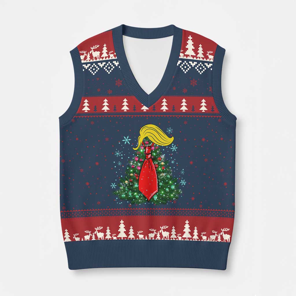 Xmas Trump V-Neck Knit Sweater Vest Funny Xmas Tree Blonde Hair Red Cravat TS02 Navy Red Print Your Wear