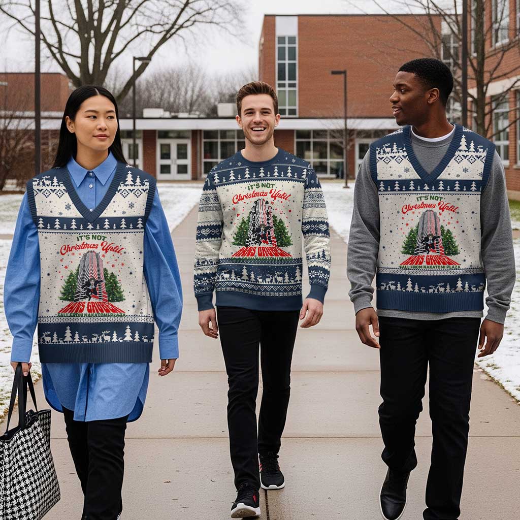 Nakatomi Plaza 1988 V-Neck Knit Sweater Vest It's Not Xmas Until Hans Gruber Fall Xmas Party TS02 Beige Navy Print Your Wear