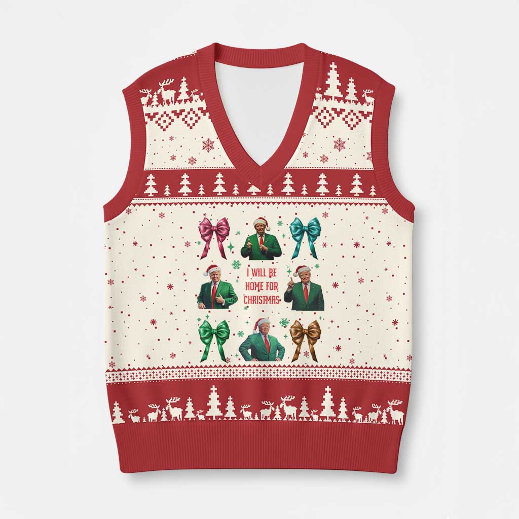 Xmas Trump V-Neck Knit Sweater Vest I'll Be Home For Xmas Coquette Bow TS02 Beige Red Print Your Wear