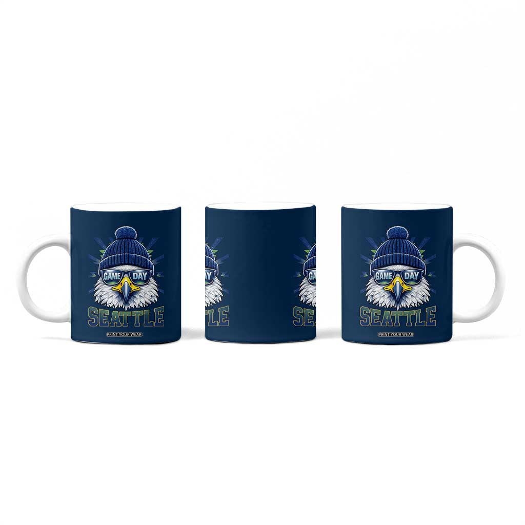 Cool Blue and Green Hawk with Beanie Graphic Coffee Mug Seattle Game Day Sports Fan TS02 Print Your Wear