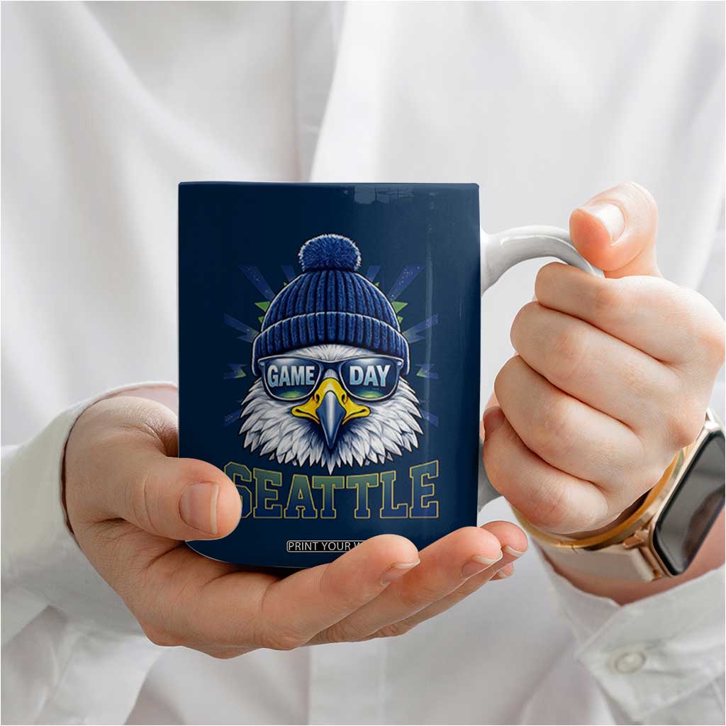 Cool Blue and Green Hawk with Beanie Graphic Coffee Mug Seattle Game Day Sports Fan TS02 Print Your Wear