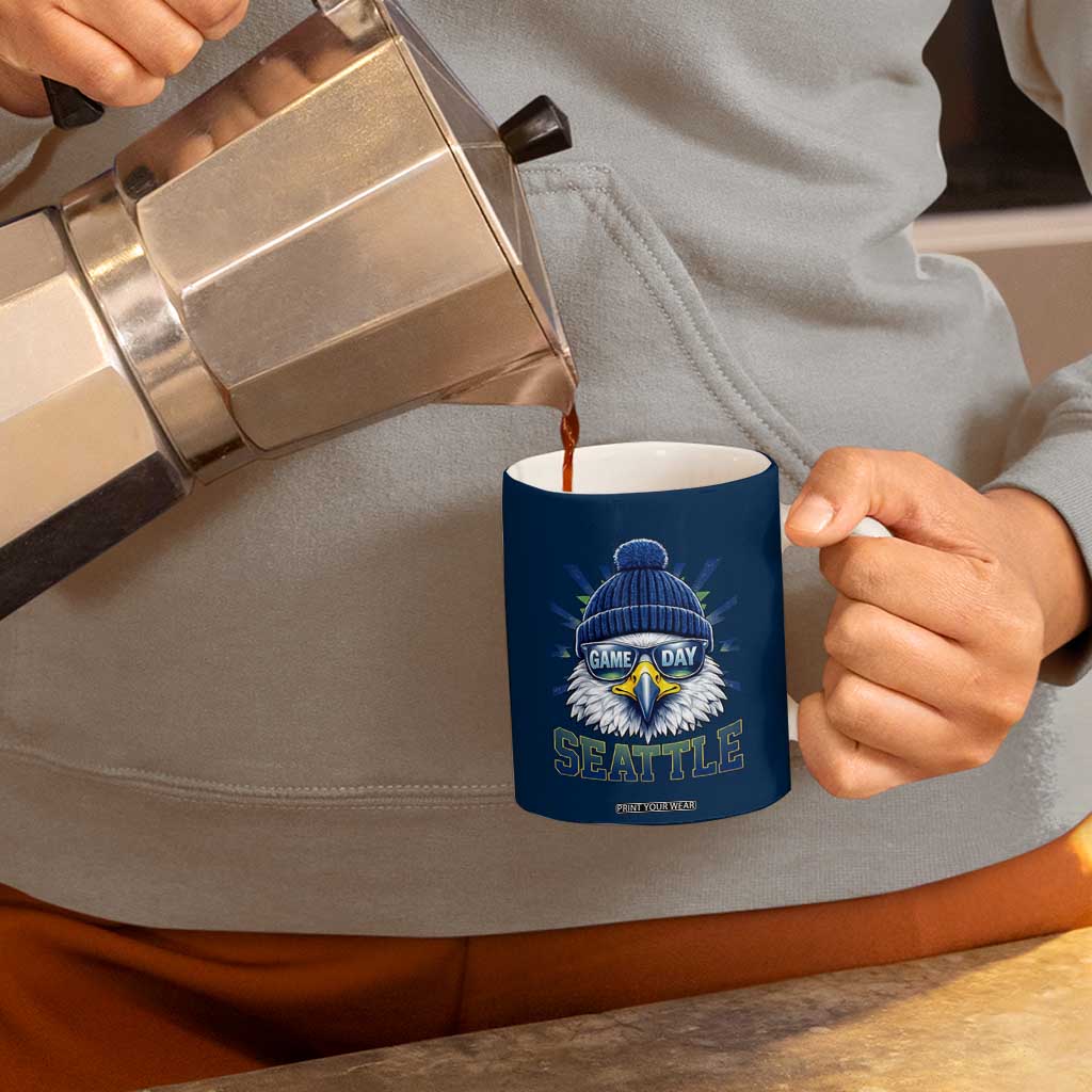 Cool Blue and Green Hawk with Beanie Graphic Coffee Mug Seattle Game Day Sports Fan TS02 Print Your Wear