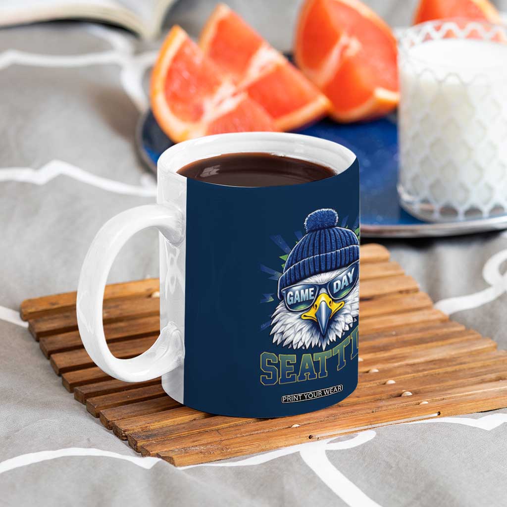 Cool Blue and Green Hawk with Beanie Graphic Coffee Mug Seattle Game Day Sports Fan TS02 Print Your Wear