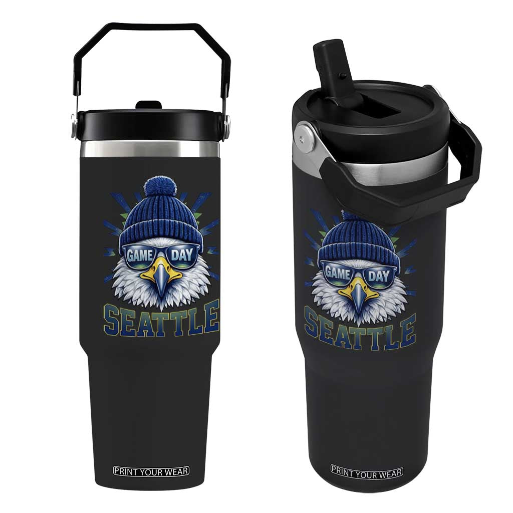 Cool Blue and Green Hawk with Beanie Graphic Flip Straw Tumbler Seattle Game Day Sports Fan TS02 One Size: 30 oz Black Print Your Wear