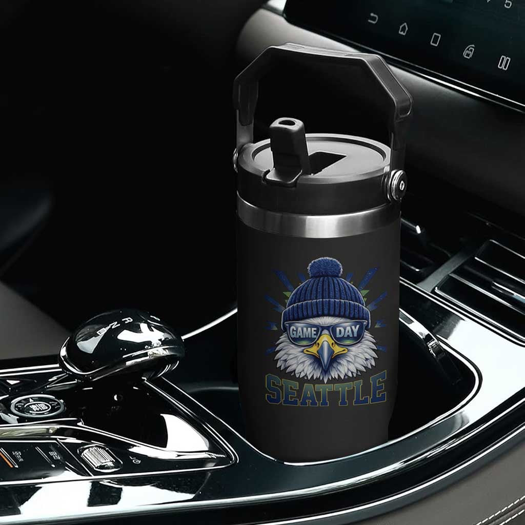 Cool Blue and Green Hawk with Beanie Graphic Flip Straw Tumbler Seattle Game Day Sports Fan TS02 Print Your Wear