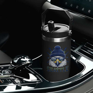 Cool Blue and Green Hawk with Beanie Graphic Flip Straw Tumbler Seattle Game Day Sports Fan TS02 Print Your Wear