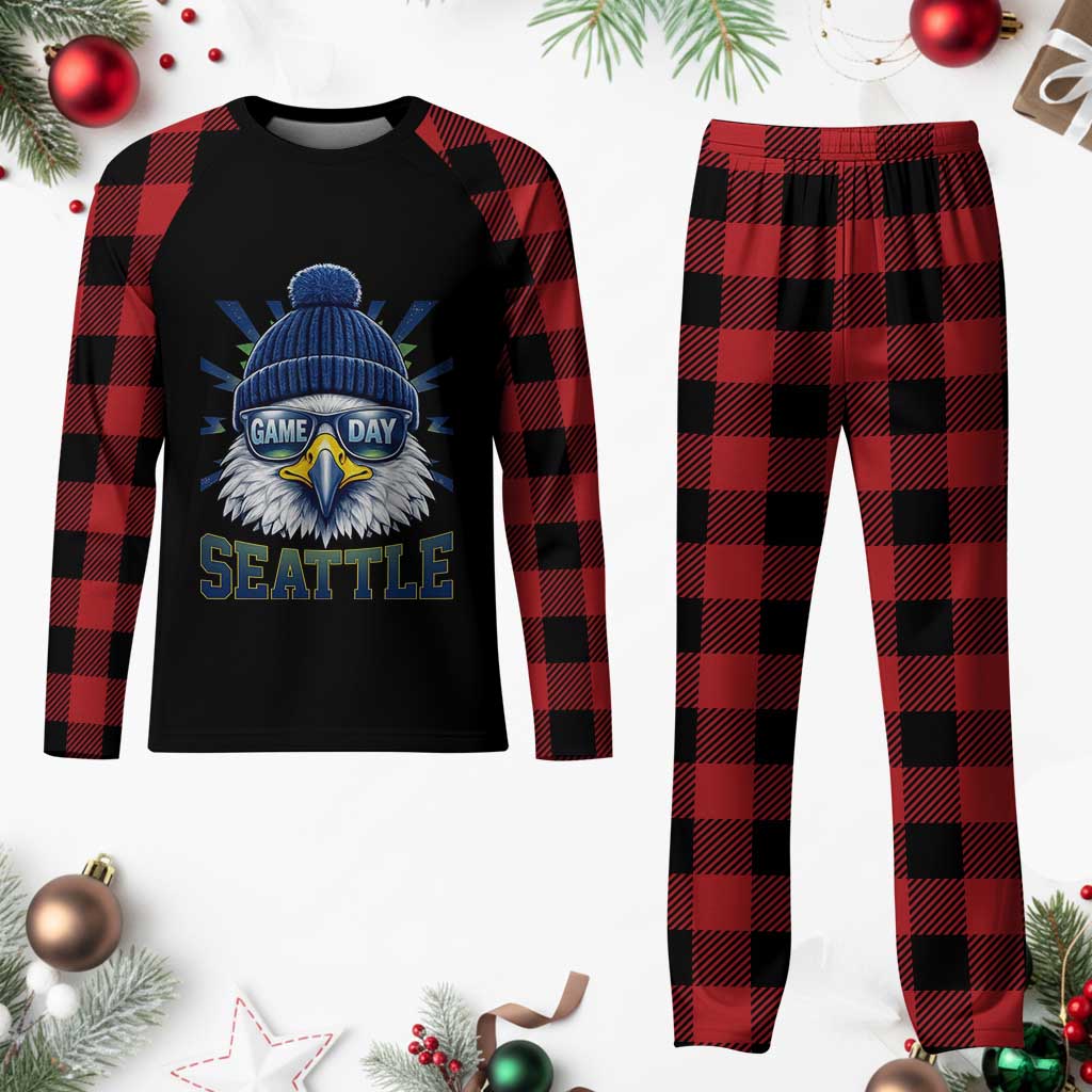 Cool Blue and Green Hawk with Beanie Graphic Plaid Pajama Set Seattle Game Day Sports Fan TS02 Buffalo Plaid Print Your Wear