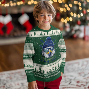 Cool Blue and Green Hawk with Beanie Graphic Ugly Christmas Sweater Seattle Game Day Sports Fan TS02 Forest Green Beige Print Your Wear