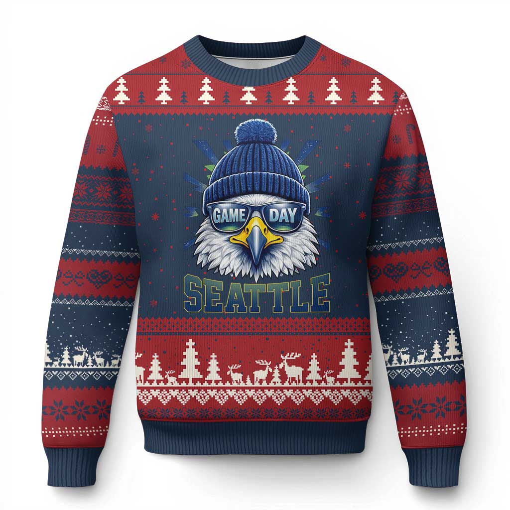 Cool Blue and Green Hawk with Beanie Graphic Ugly Christmas Sweater Seattle Game Day Sports Fan TS02 Navy Red Print Your Wear