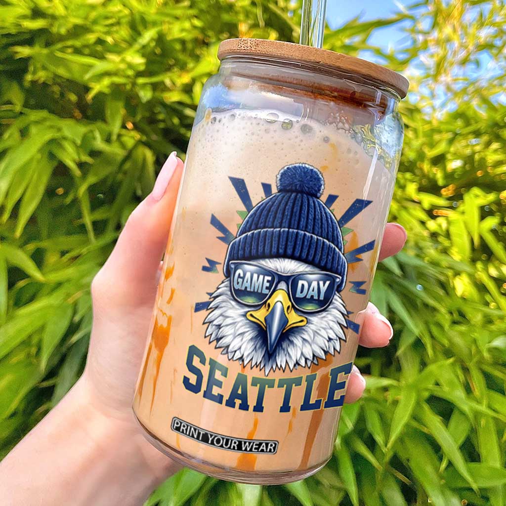 Cool Blue and Green Hawk with Beanie Graphic Glass Can Seattle Game Day Sports Fan TS02 Navy Print Your Wear