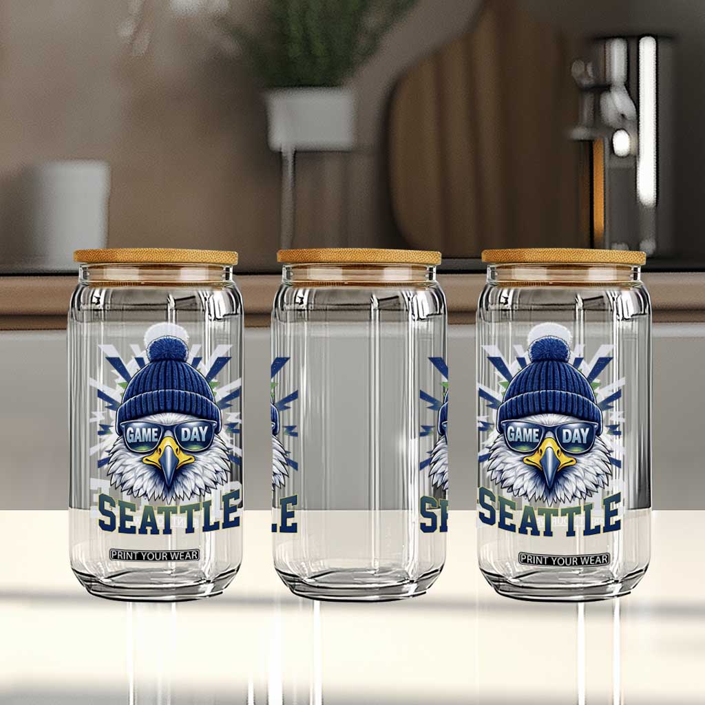 Cool Blue and Green Hawk with Beanie Graphic Glass Can Seattle Game Day Sports Fan TS02 Print Your Wear