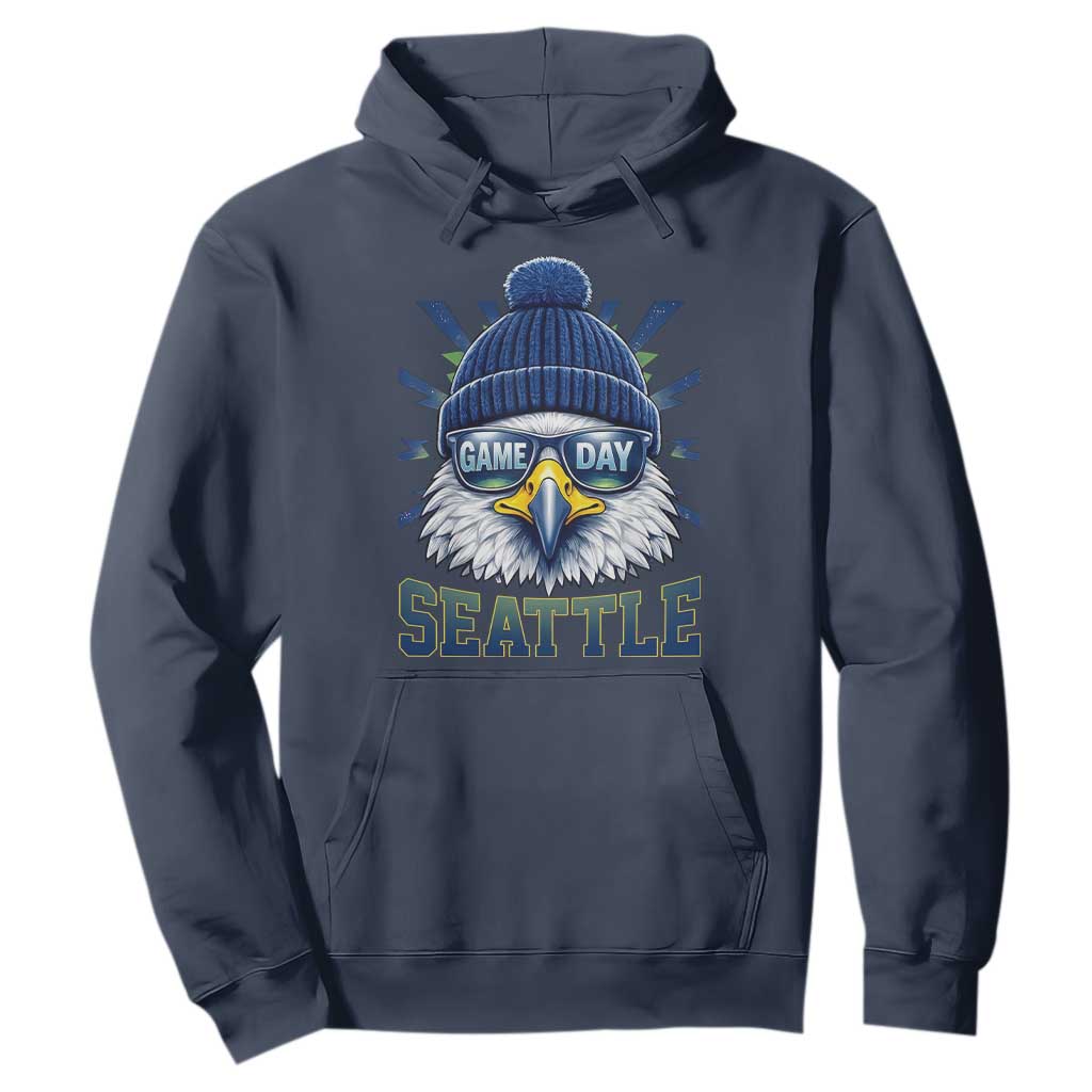 Cool Blue and Green Hawk with Beanie Graphic Hoodie Seattle Game Day Sports Fan TS02 Navy Print Your Wear