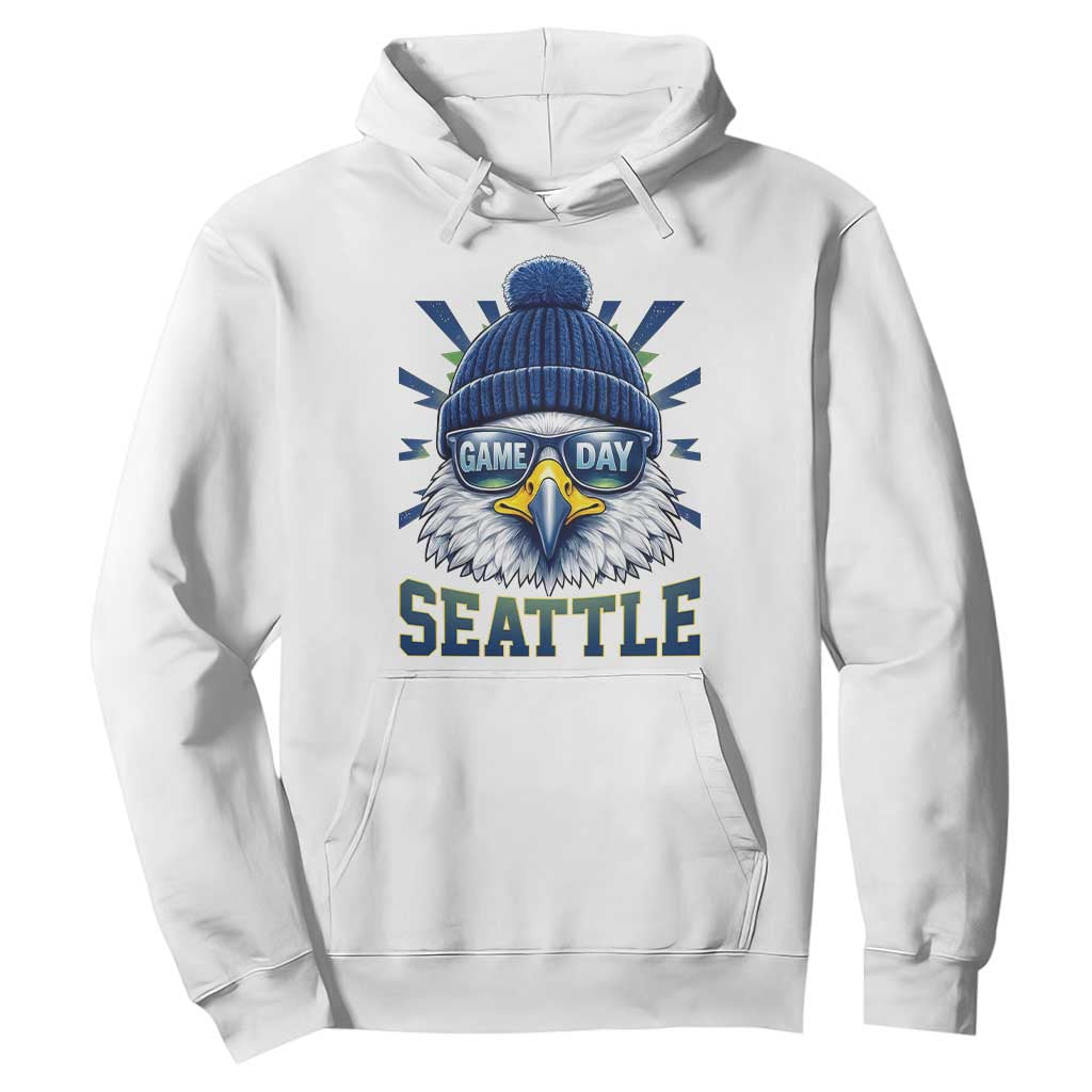 Cool Blue and Green Hawk with Beanie Graphic Hoodie Seattle Game Day Sports Fan TS02 White Print Your Wear