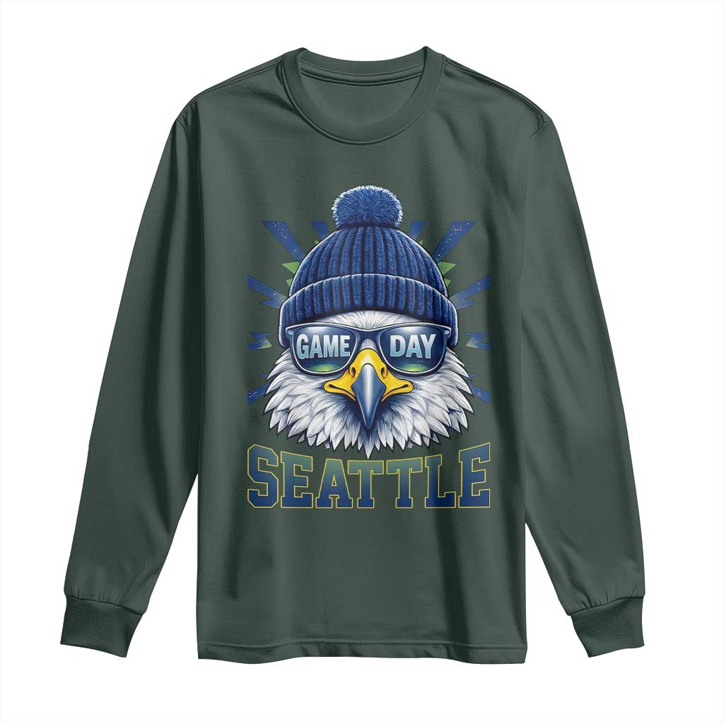 Cool Blue and Green Hawk with Beanie Graphic Long Sleeve Shirt Seattle Game Day Sports Fan TS02 Dark Forest Green Print Your Wear
