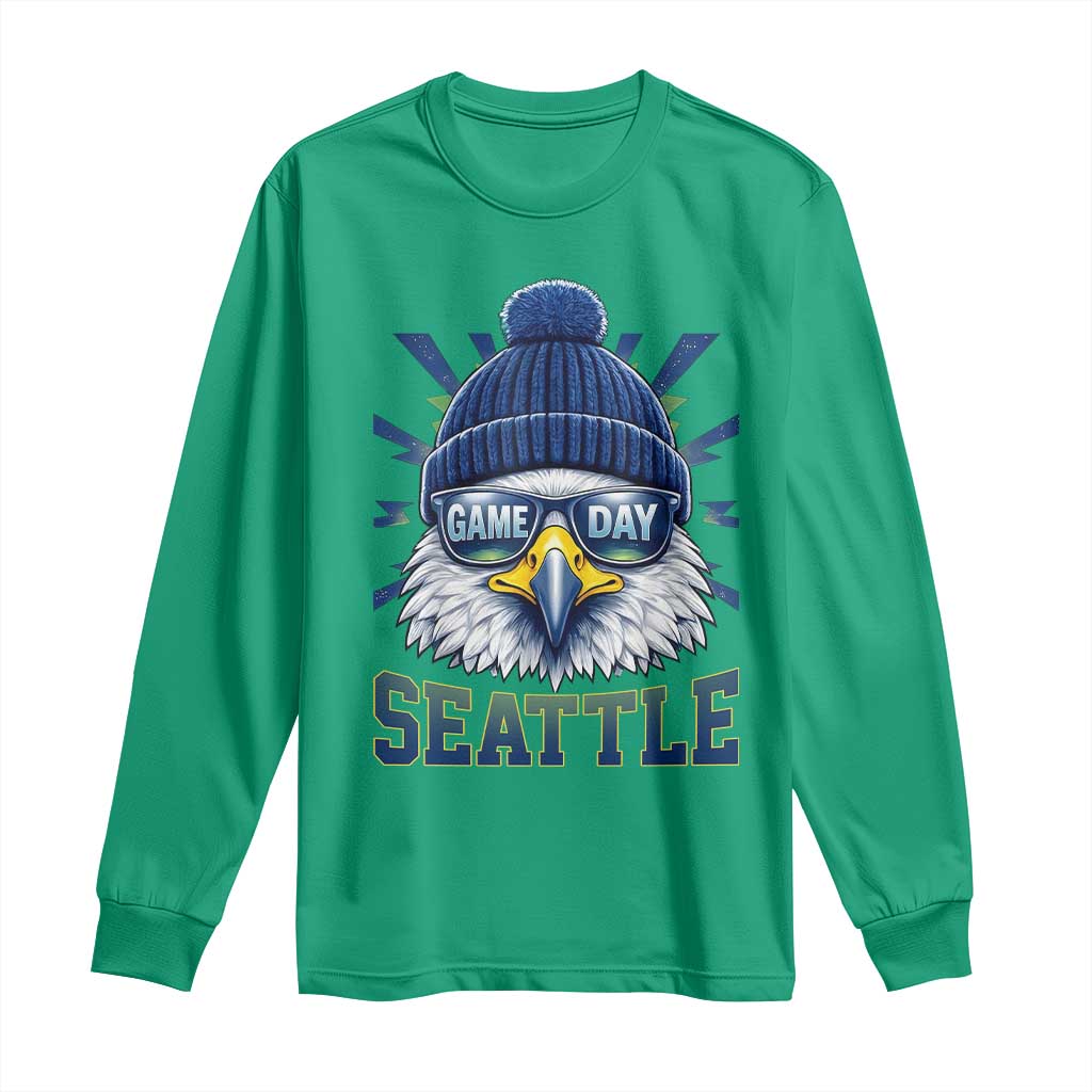 Cool Blue and Green Hawk with Beanie Graphic Long Sleeve Shirt Seattle Game Day Sports Fan TS02 Irish Green Print Your Wear