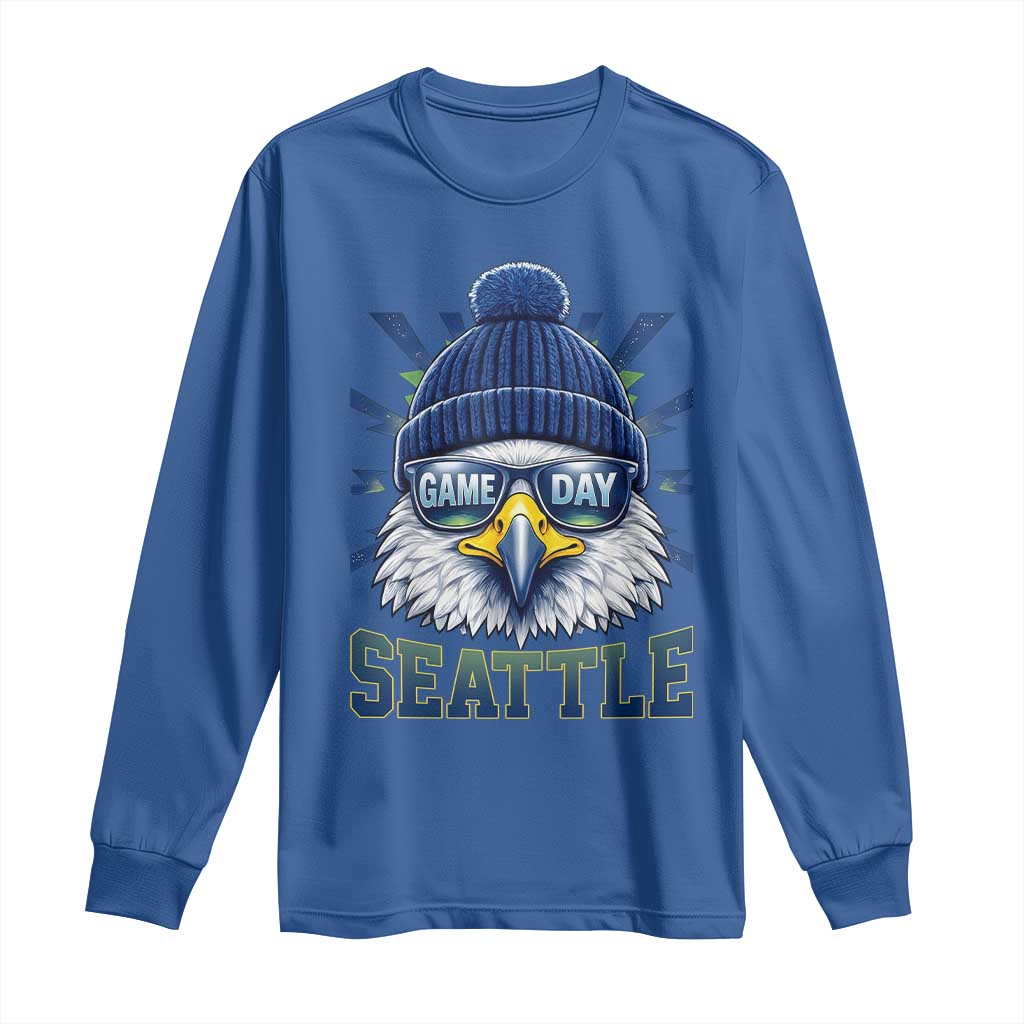 Cool Blue and Green Hawk with Beanie Graphic Long Sleeve Shirt Seattle Game Day Sports Fan TS02 Royal Blue Print Your Wear