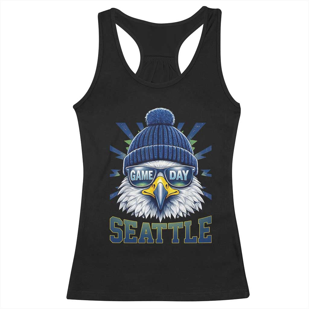 Cool Blue and Green Hawk with Beanie Graphic Racerback Tank Top Seattle Game Day Sports Fan TS02 Black Print Your Wear