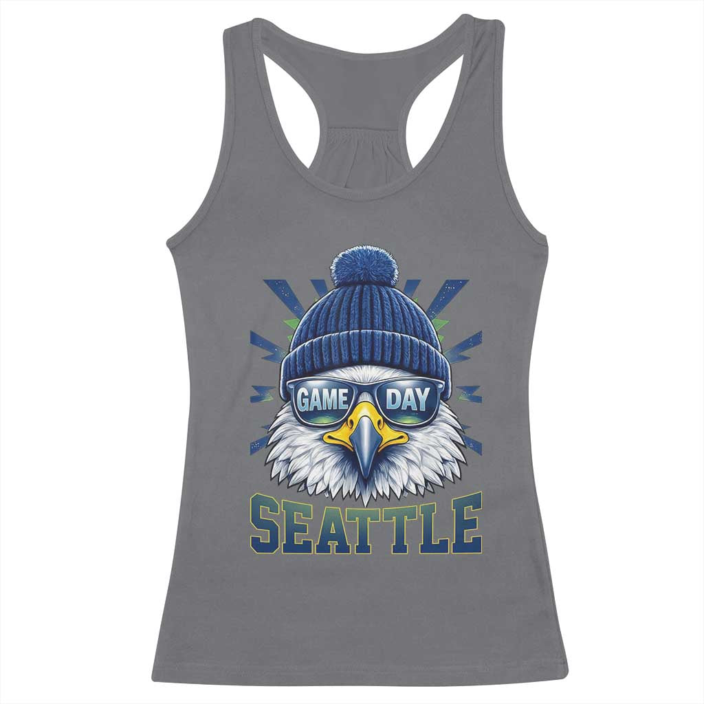 Cool Blue and Green Hawk with Beanie Graphic Racerback Tank Top Seattle Game Day Sports Fan TS02 Charcoal Print Your Wear