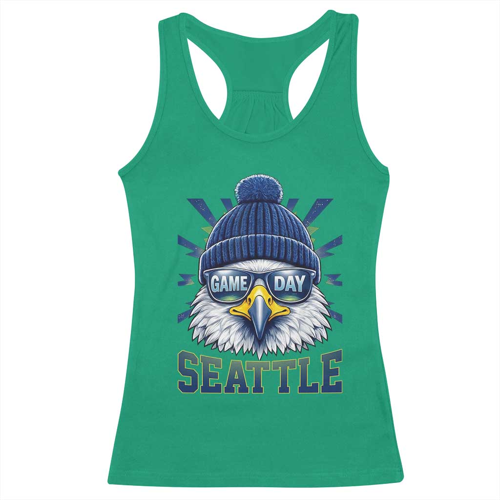 Cool Blue and Green Hawk with Beanie Graphic Racerback Tank Top Seattle Game Day Sports Fan TS02 Irish Green Print Your Wear