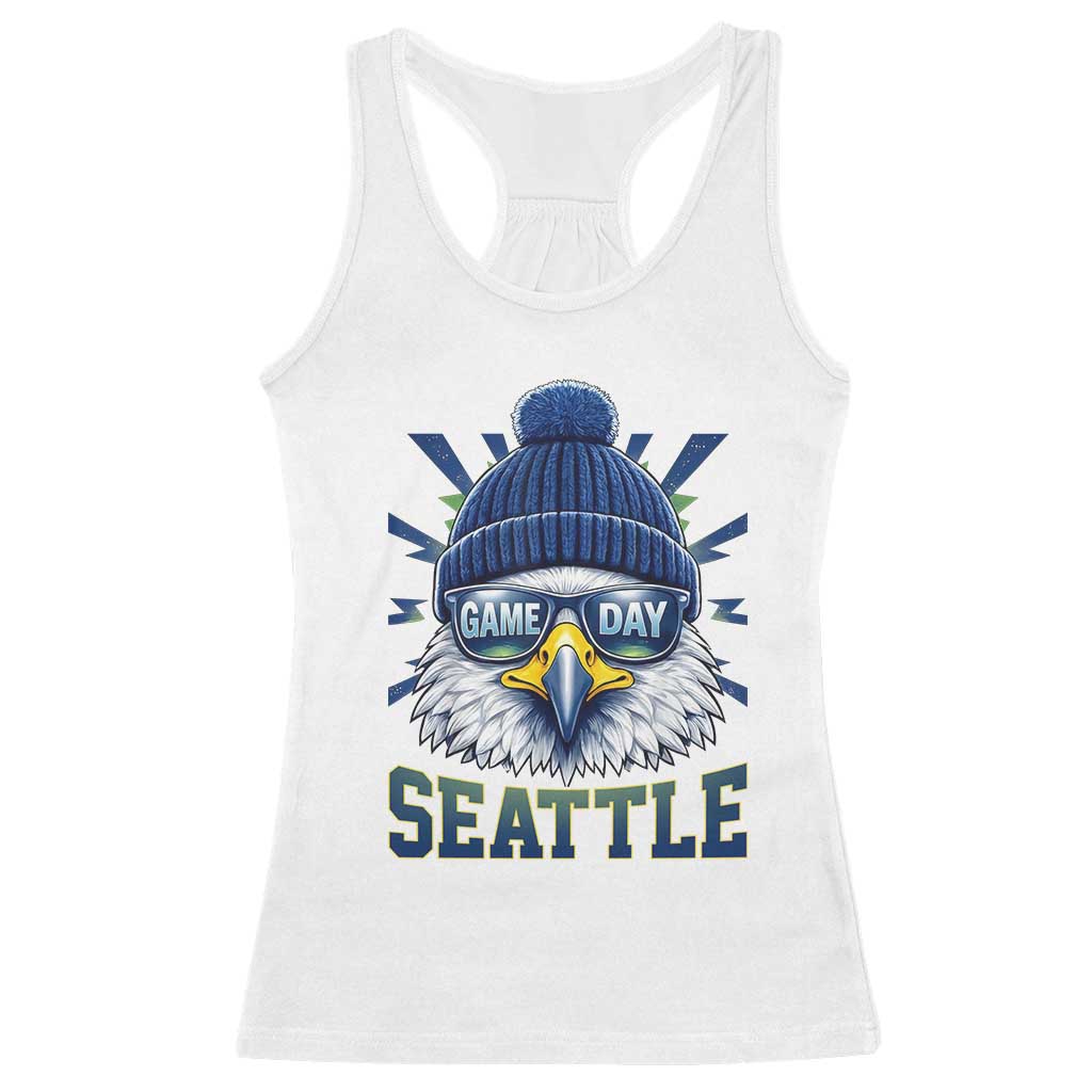 Cool Blue and Green Hawk with Beanie Graphic Racerback Tank Top Seattle Game Day Sports Fan TS02 White Print Your Wear
