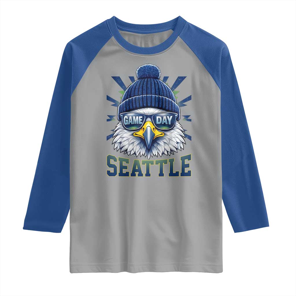 Cool Blue and Green Hawk with Beanie Graphic Raglan Shirt Seattle Game Day Sports Fan TS02 Sport Gray Royal Print Your Wear