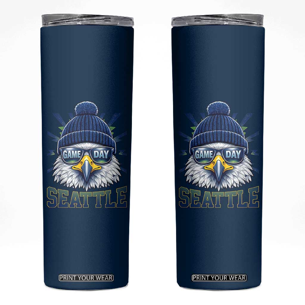Cool Blue and Green Hawk with Beanie Graphic Skinny Tumbler Seattle Game Day Sports Fan TS02 Navy Print Your Wear