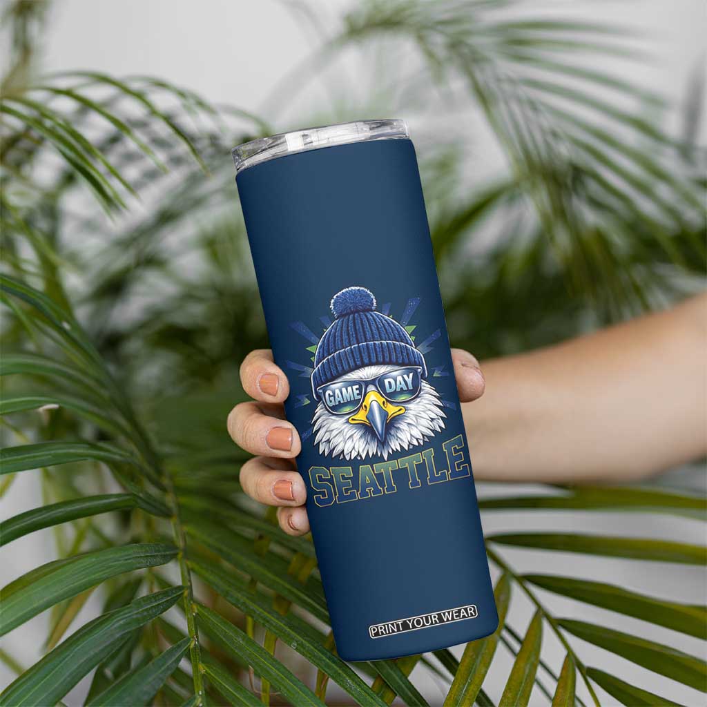 Cool Blue and Green Hawk with Beanie Graphic Skinny Tumbler Seattle Game Day Sports Fan TS02 Print Your Wear
