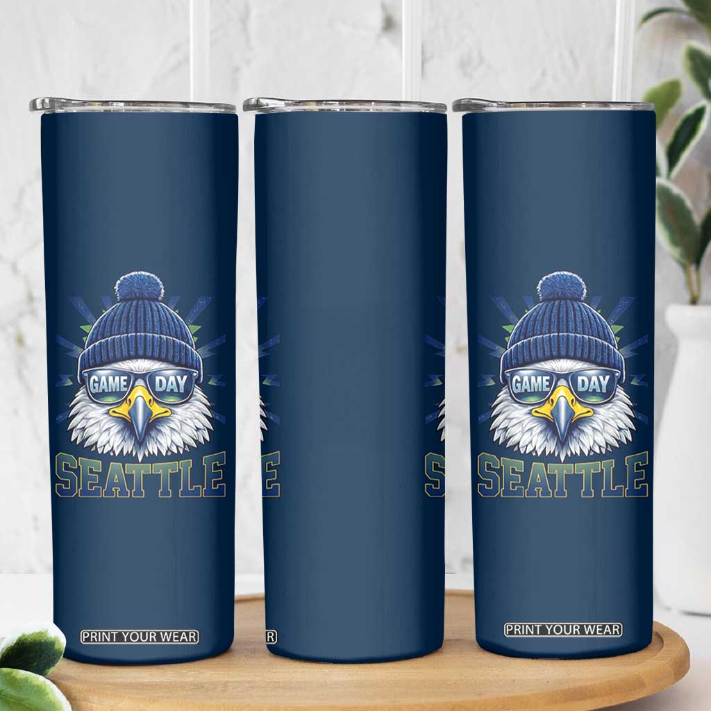 Cool Blue and Green Hawk with Beanie Graphic Skinny Tumbler Seattle Game Day Sports Fan TS02 Print Your Wear