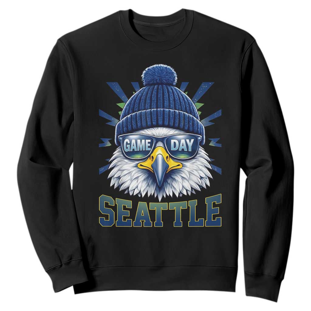 Cool Blue and Green Hawk with Beanie Graphic Sweatshirt Seattle Game Day Sports Fan TS02 Black Print Your Wear