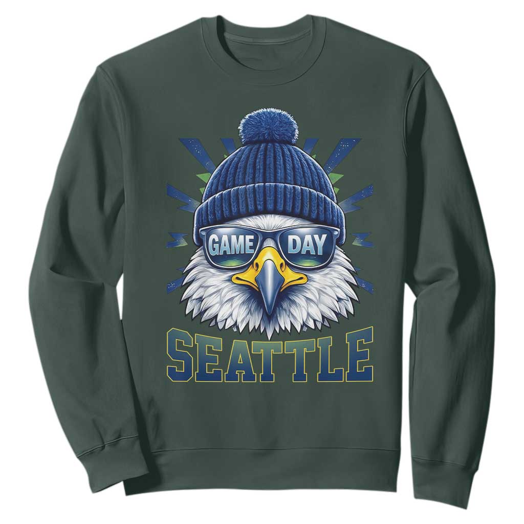 Cool Blue and Green Hawk with Beanie Graphic Sweatshirt Seattle Game Day Sports Fan TS02 Dark Forest Green Print Your Wear