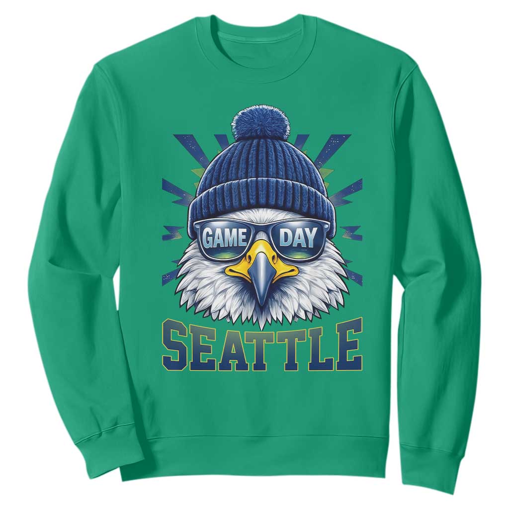 Cool Blue and Green Hawk with Beanie Graphic Sweatshirt Seattle Game Day Sports Fan TS02 Irish Green Print Your Wear