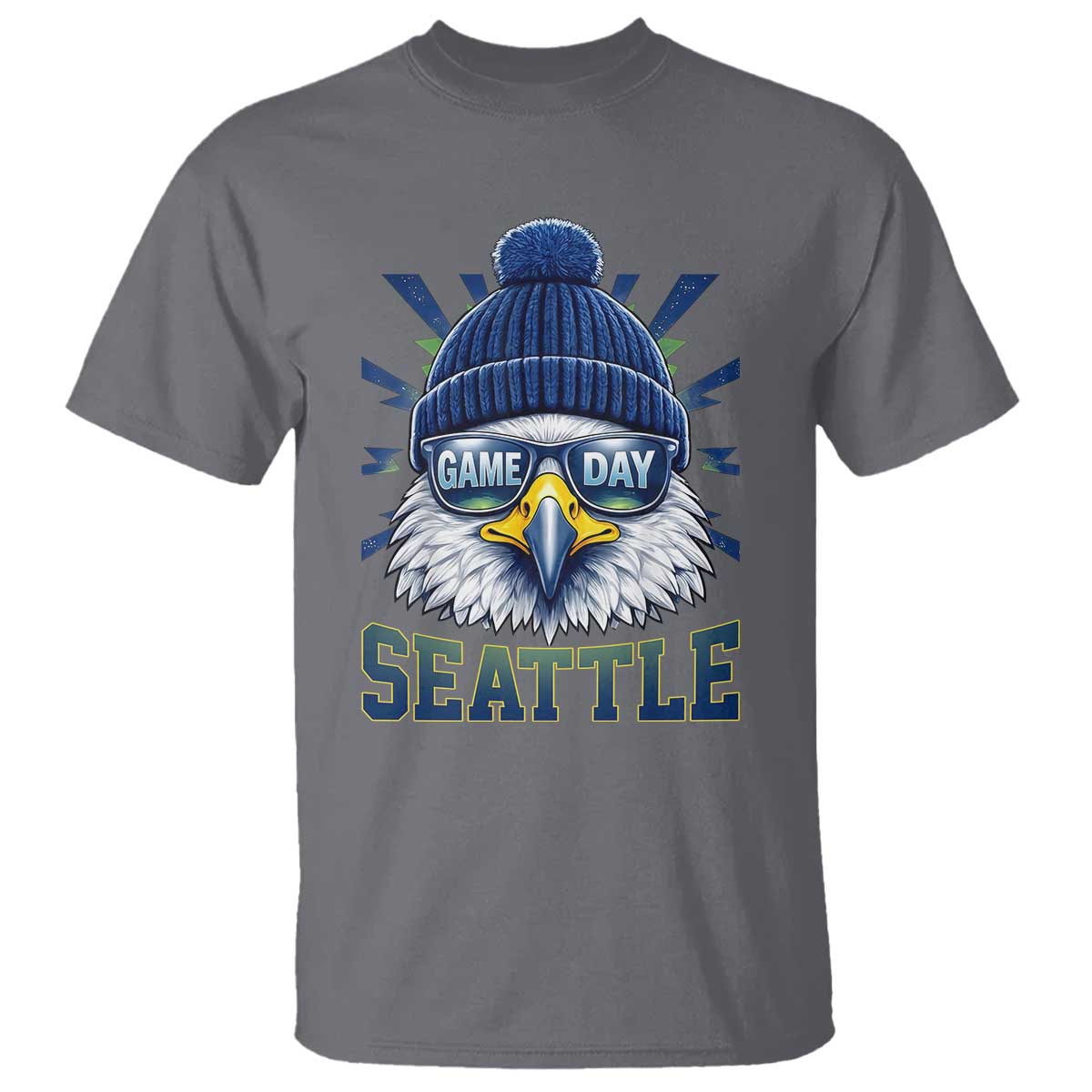 Cool Blue and Green Hawk with Beanie Graphic T Shirt Seattle Game Day Sports Fan TS02 Charcoal Print Your Wear